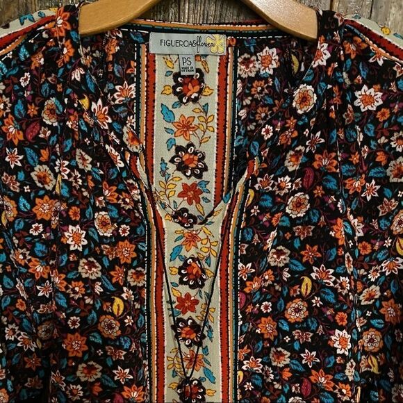 Fig & Flower PS BOHO Black Rust Relaxed Floral Front Tie 3/4 Sleeves Blouse - Picture 7 of 8